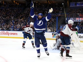 Pat Maroon of the Tampa Bay Lightning celebrates after scoring a goal against Darcy Kuemper of the Colorado Avalanche.