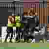 Valour FC celebrates after scoring one of its three goals against York United FC.