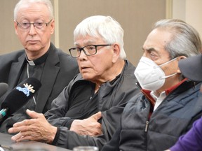 Archbishop of Edmonton Richard Smith, former Assembly of First Nations (AFN) regional chief for Manitoba Ken Young, and former AFN National Chief Phil Fontaine spoke with media in Winnipeg on Thursday following two days of meetings between residential school survivors and Catholic Bishops. Dave Baxter/Winnipeg Sun/Local Journalism Initiative
