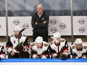 Head coach Rick Tocchet of the Arizona Coyotes handles bench duties during the game against the Nashville Predators at Rogers Place on August 2, 2020 in Edmonton. PHOTO BY JEFF VINNICK /Getty Images