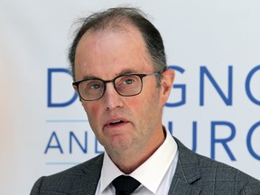 Dr. Peter MacDonald, Diagnostic and Surgical Recovery Task Force steering committee board chair, speaks during a task force update at John Buhler Research Centre in Winnipeg on Wed., June 29, 2022.