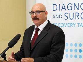 Diagnostic and Surgical Recovery Task Force executive director Dr. David Matear speaks during an update at John Buhler Research Centre in Winnipeg on Wed., June 29, 2022.