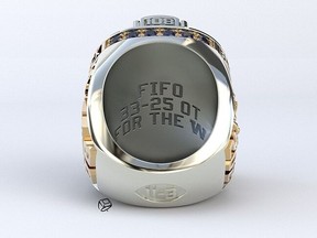 The off-colour slogan FIFO along with For The W and the final score of the 2021 Grey Cup appears on the?Winnipeg Blue Bombers 2021 Grey Cup championship rings.