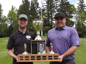 Grey Owl president Tyler Thompson (left) presents the Cactus Jack Wells Memorial Trophy to champion Jared Jacobson of Brandon.