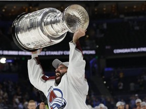 Jun 26, 2022; Tampa, Florida, USA; Colorado Avalanche center Nazem Kadri celebrates with the Stanley Cup after the Avalanche game against the Tampa Bay Lightning in game six of the 2022 Stanley Cup Final at Amalie Arena.
