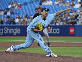Toronto Blue Jays starting pitcher Yusei Kikuchi pitches to the Baltimore Orioles during the first inning at Rogers Centre in Toronto, June 14, 2022.