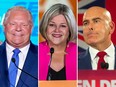 From left, PC Leader Doug Ford, NDP Leader Andrea Horwath and Liberal Leader Steven Del Duca speak to supporters about the Ontario election results on Thursday, June 2, 2022.