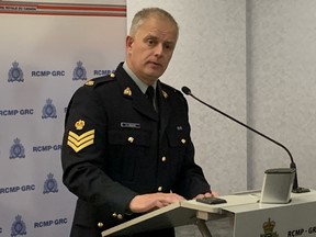 Sgt. Paul Manaigre, Media Relations Officer with the Manitoba RCMP. addresses the media at RCMP D Division headquarters in Winnipeg on Friday to announce the arrest of a 92-year-old retired priest on a charge of indecent assault after allegations of sexual abuse at the Fort Alexander Residential School.