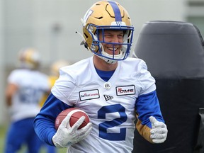 Receiver Greg Ellingson laughs during Winnipeg Blue Bombers training camp on Thursday, June 2, 2022.