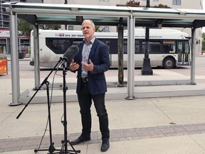 Mayoral candidate Rick Shone, pictured near a bus shelter on Portage Avenue at Spence Street  on Monday, June 13, 2022, is calling on the city to adopt supervised consumption sites to help keep transit riders safe in Winnipeg.