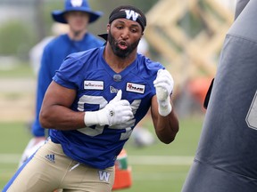 Winnipeg Blue Bombers defensive end Jackson Jeffcoat works on his rush moves during practice in Winnipeg on Tuesday, June 14, 2022.