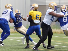 Winnipeg Blue Bombers defensive ends Jackson Jeffcoat (second from left) and Willie Jefferson (right) rush quarterback Dru Brown during practice in Winnipeg on Tuesday, June 14, 2022. Jeffcoat is blocked by Pat Allen and Jefferson by Jalen Burks.