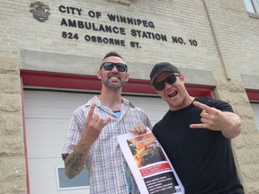 Winnipeg paramedic Tim Partridge (left) and firefighter/paramedic Mike Ogilvie hold the poster for Responderpalooza 2, a concert featuring tribute bands consisting of emergency personnel and first responders to be held Sept. 2, 2022 at the Red River Exhibition Grounds in Winnipeg. This year's concert is raising funds for a family of a three-year child suffering from Eosinophilic gastrointestinal disease, a rare but treatable disease of the gastrointestinal tract. Ogilvie performs in one of the bands which is a Metallica tribute band.