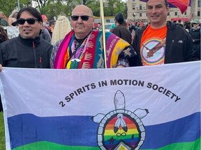 Albert McLeod (centre) joined thousands at this year?s Pride parade in downtown Winnipeg on Sunday, June 5, 2022, 35 years after he took part in Winnipeg's first ever Pride event on Aug. 2, 1987.