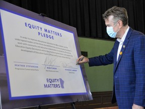 Both Manitoba Liberal leader Dougald Lamont, seen here, and Manitoba NDP leader Wab Kinew signed a pledge on Friday, June 24, 2022, that they would work with Equity Matters towards the goal of having a provincial Education Equity Secretariat department established in the province before the 2023-24 school year began.