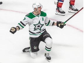 Dallas Stars defenseman John Klingberg (3) scored the game winning goal against Montreal Canadiens goaltender Jake Allen (34) during a 4-3 NHL overtime win at the Bell Centre in Montreal on Thursday March 17, 2022.