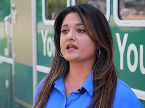 Winnipeg mayoral candidate Rana Bokhari speaks during an announcement to fast track the next phases of the North End Water Treatment Plant upgrades on Monday, July 18.