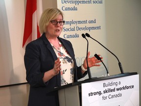 Minister of Employment, Workforce Development and Disability Inclusion Carla Qualtrough speaks during a funding announcement at Workplace Education Manitoba's offices in Winnipeg on Monday, July 25.