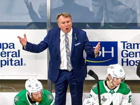 Head coach Rick Bowness of the Dallas Stars reacts during the first period against the Tampa Bay Lightning Game One of the 2020 NHL Stanley Cup Final at Rogers Place on Sept. 19, 2020 in Edmonton.