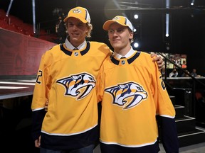 Manitoban Adam Ingram, left, and Kasper Kulonummi were selected by the Nashville Predators during Round Three of the 2022 Upper Deck NHL Draft at Bell Centre on July 8, 2022 in Montreal, Que.