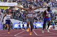 Andre De Grasse, of Canada, crosses the finish line first the final of the men's 4x100-metre relay at the World Athletics Championships on Saturday, July 23, 2022, in Eugene, Ore.