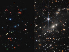 In this comparison image released by NASA on July 12, 2022, shows the shows invisible near- and mid-infrared wavelengths of light that have been translated into visible-light colors, one the first images taken by the James Webb Space Telescope (JWST).