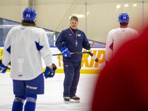 Players listen to Oil Kings head coach Brad Lauer during practice ahead of the WHL final series against the Seattle Thunderbirds on Friday, June 10. Lauer was named to the Winnipeg Jets coaching staff on Thursday.