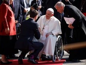 Pope Francis is welcomed by Prime Minister Justin Trudeau and Governor General Mary Simon during a welcome ceremony at the Residence of the Governor General of Canada at the Citadelle in Quebec City, July 27, 2022.
