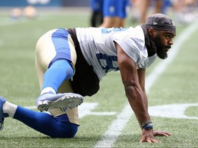 Receiver Rasheed Bailey loosens up at Winnipeg Blue Bombers practice on July 19, 2022.
