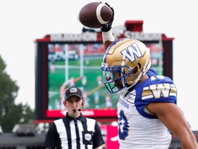 Winnipeg Blue Bombers Nic Demski celebrates after his touchdown against Calgary Stampeders during CFL football in Calgary on Saturday, July 30, 2022.