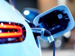 A charging port is seen on a Mercedes Benz EQC 400 4Matic electric vehicle at the Canadian International AutoShow in Toronto, Feb. 13, 2019.