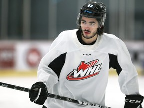 Winnipeg Ice centre Matthew Savoie (centre) on the ice practice at RINK training centre in Oak Bluff, Man., on Wed., April 20, 2022.