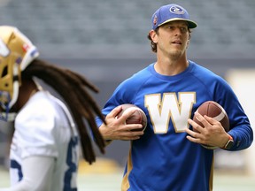 Receiver Greg Ellingson, a CFL Top Performer in a victory over Calgary on Friday, helps out during Winnipeg Blue Bombers practice on Tuesday, July 19. Ellingson will not play on Friday night against the Edmonton Elks.