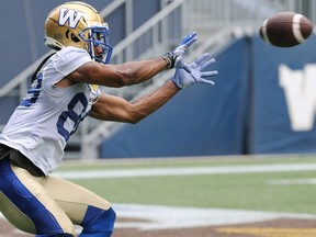 Receiver Rasheed Bailey pulls in a catch at Winnipeg Blue Bombers practice on Tuesday, July 19, 2022.