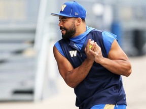 Winnipeg Blue Bombers slotback Nic Demski practices reaction time with a tennis ball on Tuesday, July 19, 2022.