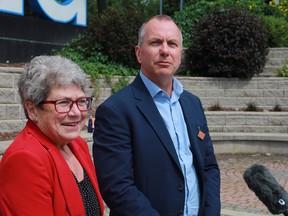 Two-time mayoral candidate Judy Wasylycia-Leis and Winnipeg mayoral candidate Shaun Loney speak to the media following Wasylycia-Leis' endorsement of Loney at The Forks on Wednesday, Aug. 3.