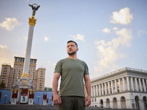 Ukraine's President Volodymyr Zelenskiy stands at Independence Square as he congratulates Ukrainians on Independence Day, amid Russia's attack on Ukraine, in Kyiv, Ukraine, in this handout picture released August 24, 2022.