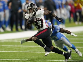 Atlanta Falcons cornerback Dee Alford (37) pulls away from Detroit Lions wide receiver Kalil Pimpleton during an NFL preseason game on Aug.  12. As a rookie, Alford, who has cracked Atlanta's lineup, led the Bombers with four interceptions last season, helping them win a second consecutive Gray Cup championship.