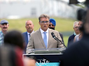 Kevin Klein speaks during the launch of his mayoral campaign at Assiniboine Park in Winnipeg on Wed., Aug. 3, 2022.