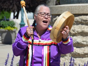 Elder Amanda Wallin sang a traditional song at the Manitoba Legislature on Tuesday where it was announced that the province would be putting up $167,000 in funding to support the ongoing operation of Circles for Reconciliation, a Winnipeg-based national charity that facilitates small group gatherings and circles between Indigenous and non-Indigenous people.
