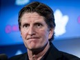 Toronto Maple Leafs head coach Mike Babcock speaks to reporters after a locker clean out at the Scotiabank Arena in Toronto on April 25, 2019.