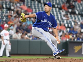 Yusei Kikuchi of the Toronto Blue Jays pitches against the Baltimore Orioles at Oriole Park at Camden Yards on August 8, 2022 in Baltimore, Maryland.