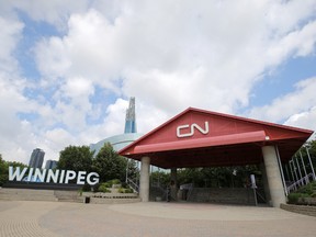 The CN Stage and Field at The Forks in Winnipeg, pictured on Monday, Aug. 1, 2022, held a gathering of people on July 31, including a 16-year-old who was arrested with weapons and marijuana in his backpack, police say.