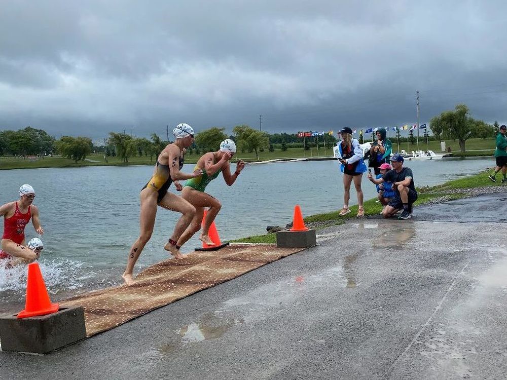 East St. Paul's Anja Krueger (45) emerges from the Welland International Flatwater Centre during the women's triathlon sprint event at the 2022 Canada Summer Games in Niagara, Ont., on Monday. Krueger earned Team Manitoba's first medal of the 2022 Canada Summer Games, winning silver in the women's triathlon sprint event.