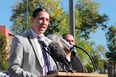 Winnipeg mayoral candidate Robert-Falcon Ouellette speaks at a campaign announcement outside Winnipeg Fire Paramedic Service Station 1 on Tuesday, Sept. 13.