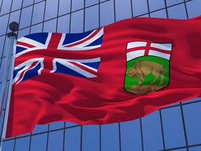 Manitoba flag  on skyscraper building background. Canada. Toronto, Ottawa, Vancouver, Winnipeg. Business concept. 3d illustration
