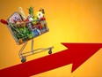 Inflation, growth of food sales, growth of market basket or consumer price index concept. Shopping basket with foods on arrow.