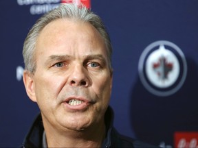 Jets general manager Kevin Cheveldayoff speaks with media on the first day of training camp yesterday.