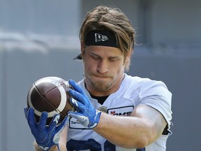 Winnipeg Blue Bombers wide receiver Drew Wolitarsky makes a catch on the sideline during practice in Winnipeg on Sept. 7, 2022.