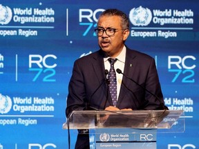 Director-General of the World Health Organization Tedros Adhanom Ghebreyesus delivers a speech during the 72nd session of the WHO Regional Committee for Europe Monday, Sept. 12, 2022 in the Israeli coastal city of Tel Aviv.